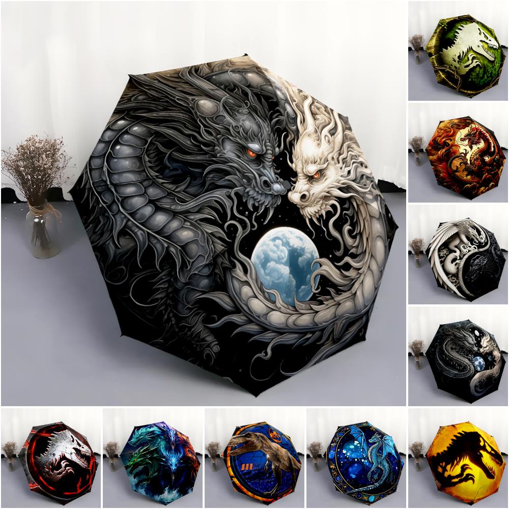 1pc Dragon, dinosaur pattern Umbrella Portable Folding Umbrella Iron Frame Hole Bone Structure Outdoor Home Umbrella
