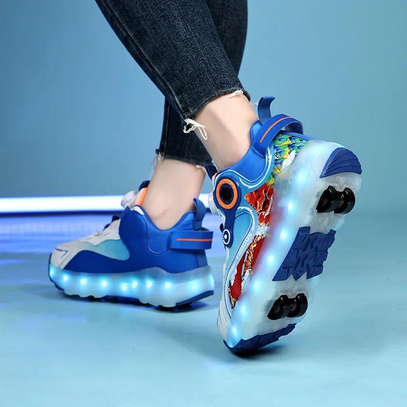 Children Four Wheels Luminous Glowing Sneakers Black Pink Led Light Roller Skate Shoes Kids Led Shoes Boys Girls USB Charging