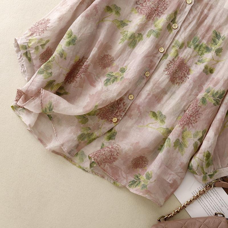 Blusa Feminina de Linho com Estampa Floral, Gola Alta, Manga Três Quartos, Botões