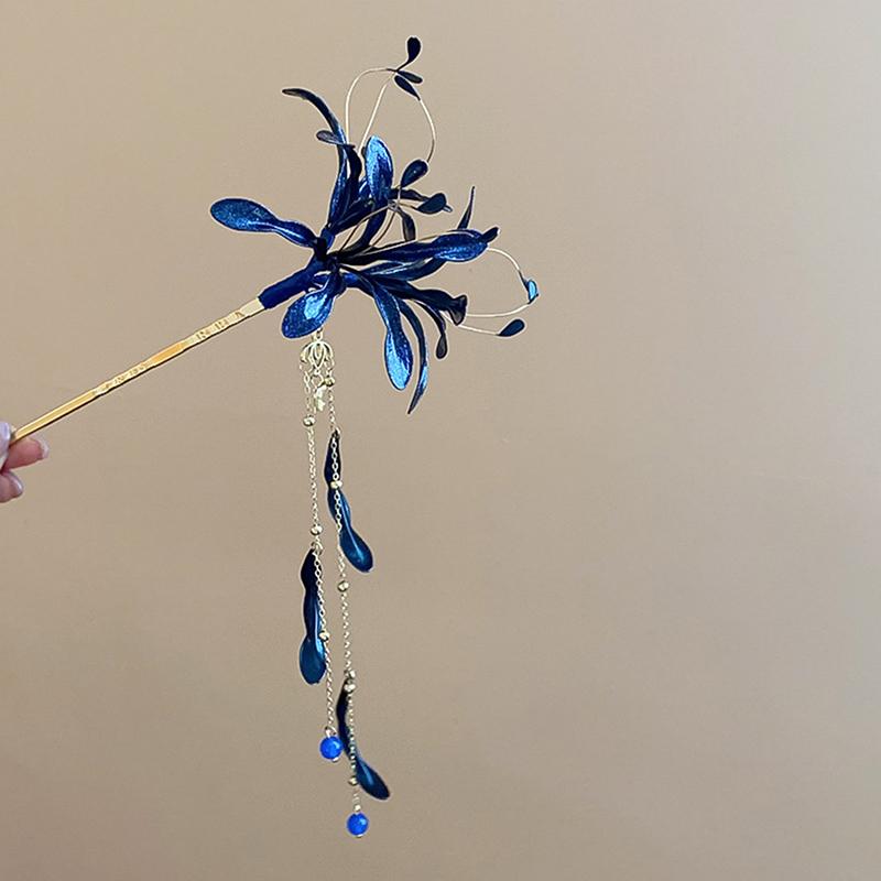 Chinese Style Spider Lily Flower Hair Sticks For Women Dripping Oil Tassel Hairpin Vintage Hanfu Chopsticks Hair Accessories