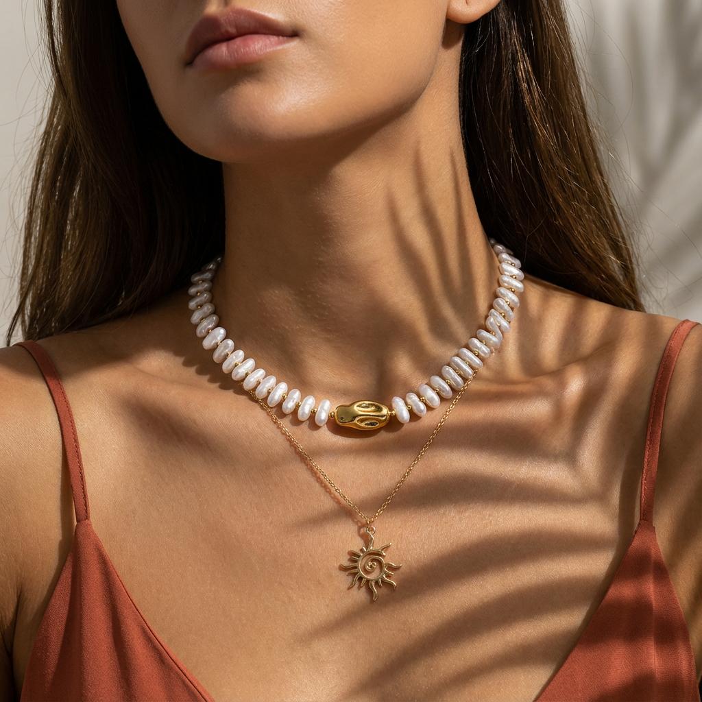 Boho Baroque Irregular Imitation Pearl Necklace For Women Vintage Sun Pendant Layered Choker Summer Vacation Party Jewelry Gift
