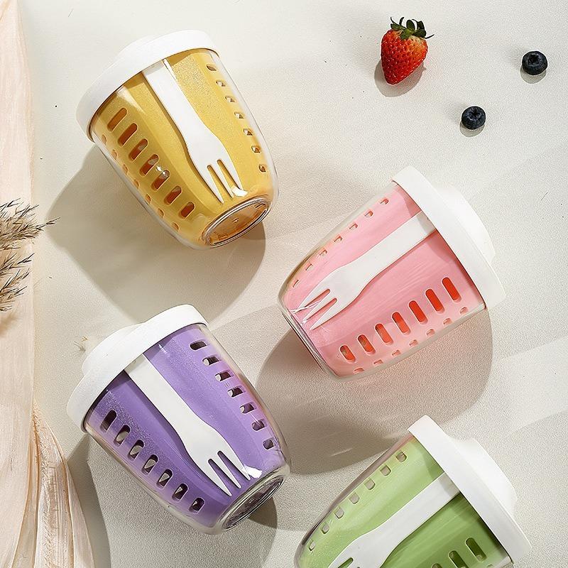 1PC Dripable Fruit Cup with Fork Food Grade Student Portable Picnic Storage Bucket Plastic Cup Sealed Leak Proof Salad Cup
