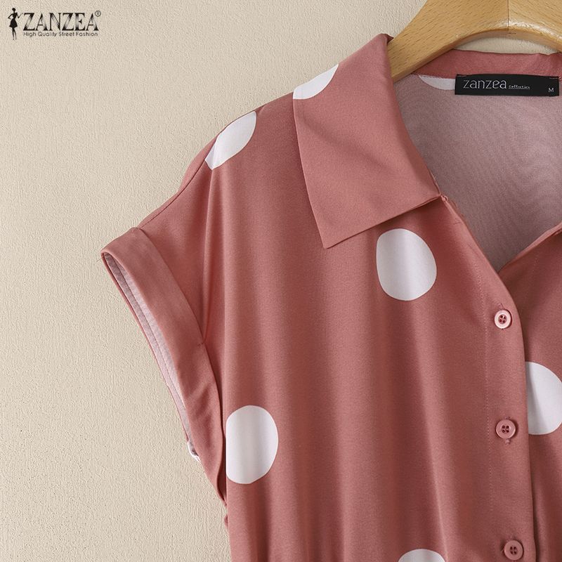 ZANZEA Women Casual Turn Down Collar Loose Short Sleeve Polka Dot Print Dress