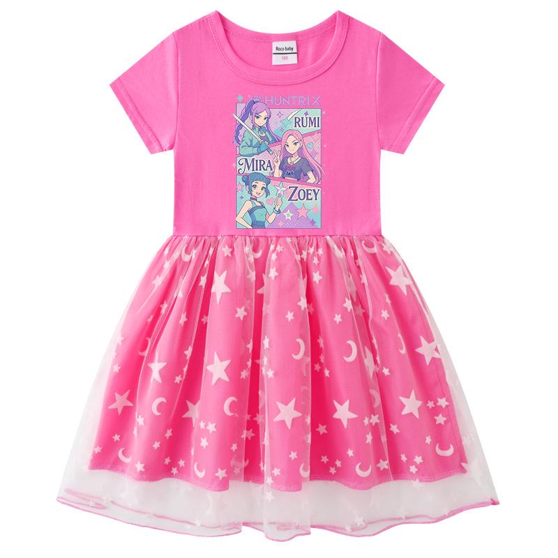 Korean Style Kpop Demon Slayer Mesh Princess Dress for Girls - Short/Long Sleeve Options