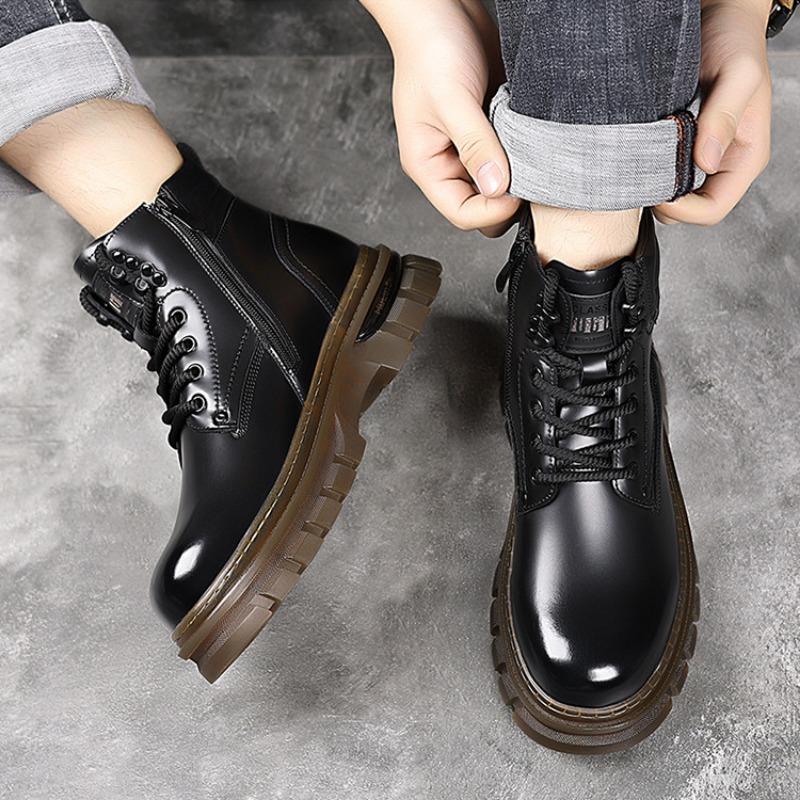 FashionAutumn Winter Leather High-top Platform Men's Boots Designer British Warm Velvet Men Ankle Boots Fashion Retro Male Work Shoes