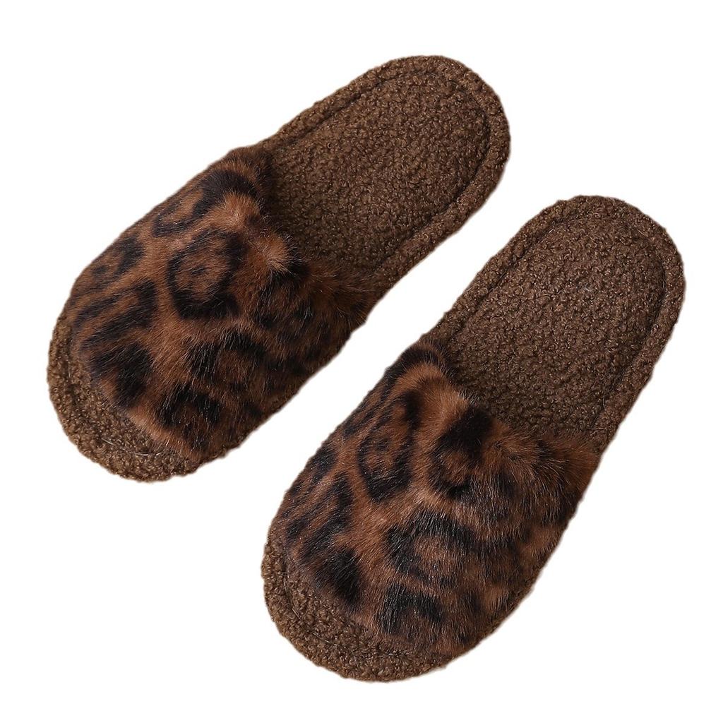 New season leopard print fluffy cotton slippers flat bottom women's fashion home fluffy slippers