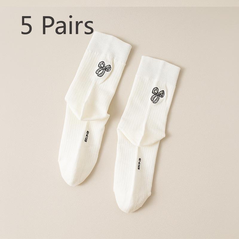 5 Pairs Socks Autumn Women's Cotton Mid Calf Ballet Style Cream Heel Embroidery Bow Anti Pilling Grey Stacked Socks