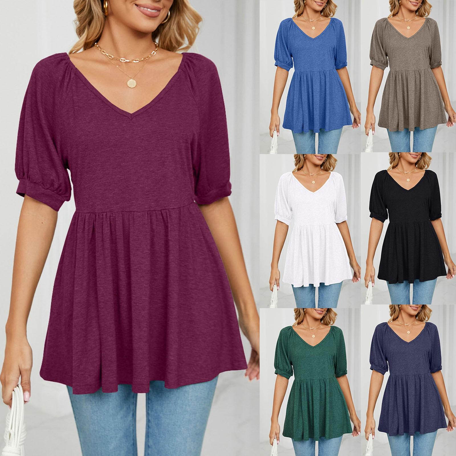 

Женские топы с V-образным вырезом, однотонными топами с короткими рукавами, лацканами