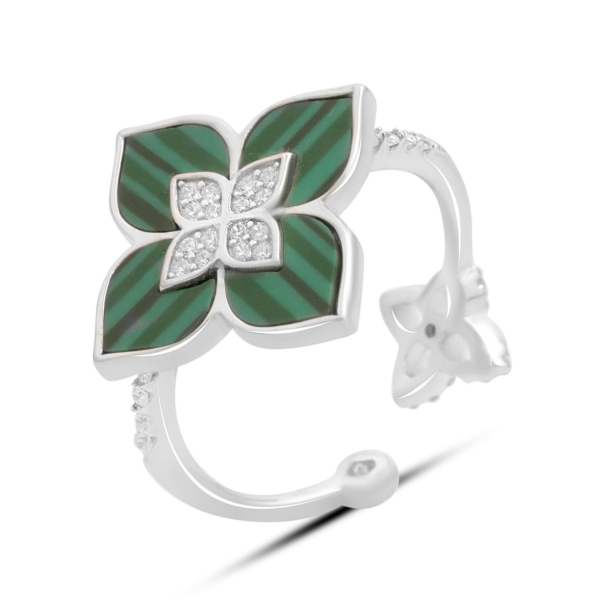 

Серебряное кольцо с малахитом, фианитами, вес изделия 3,55 гр (60002377) 17.5 смарагдовий