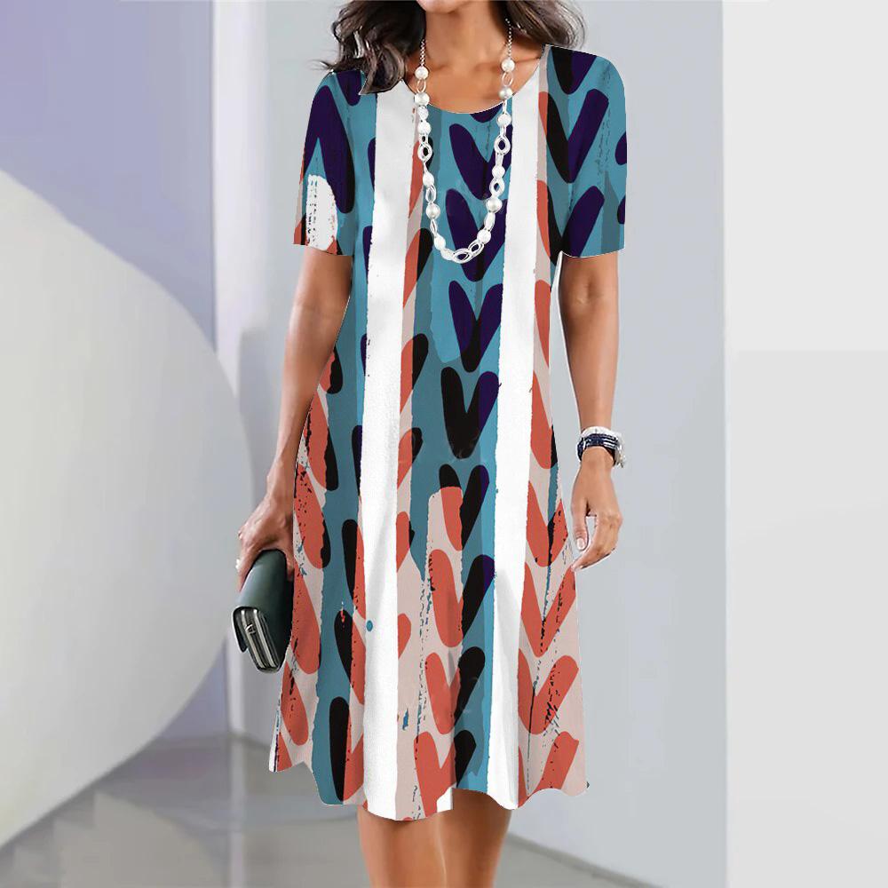 Summer Women's Fashion Round Neck Short-sleeved A-line Dress 3d Colorful Printing Casual Loose Dress