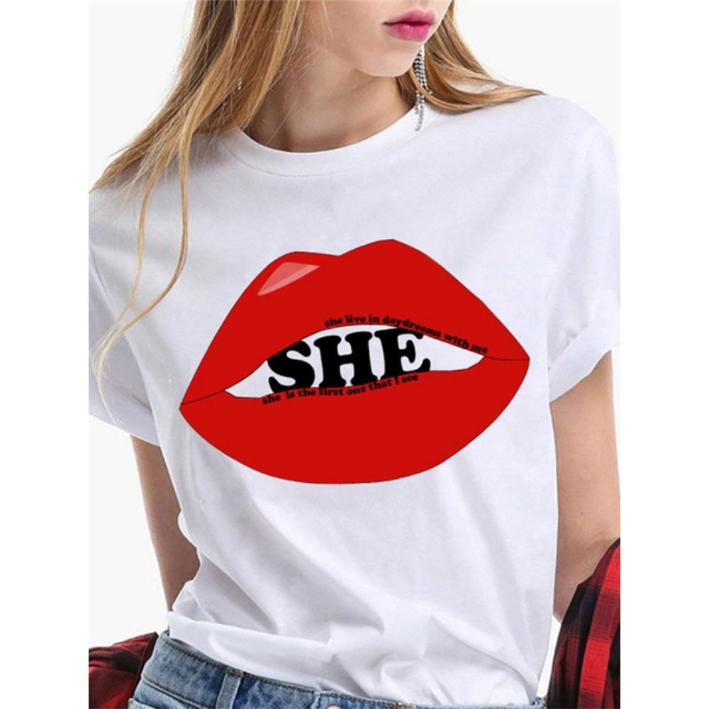 Fashion Sexy Red Lip Women T Shirt Funny Kiss Lips Print Ladies T-shirt Casual Basis O-collar Short Sleeves Female Tops Tees