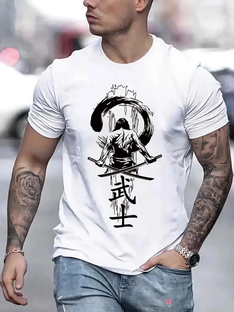 Men's Summer 100% Cotton Fashionable Casual Sports Loose Japanese Samurai Pattern Printed Round Neck Short Sleeve T-shirt Top