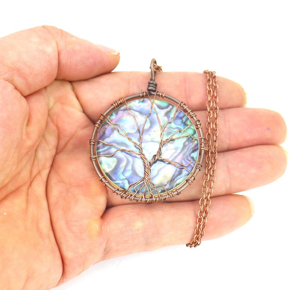 Synthetic Abalone Shell Tree Of Life Disc Pendant Necklace Fortune Tree Silk Round Necklace N616