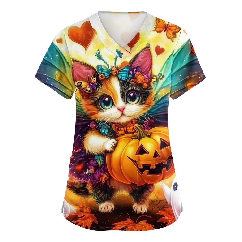 Women's V-neck Halloween Printed Short-sleeved Pocket Side-slit Protective Suit Top