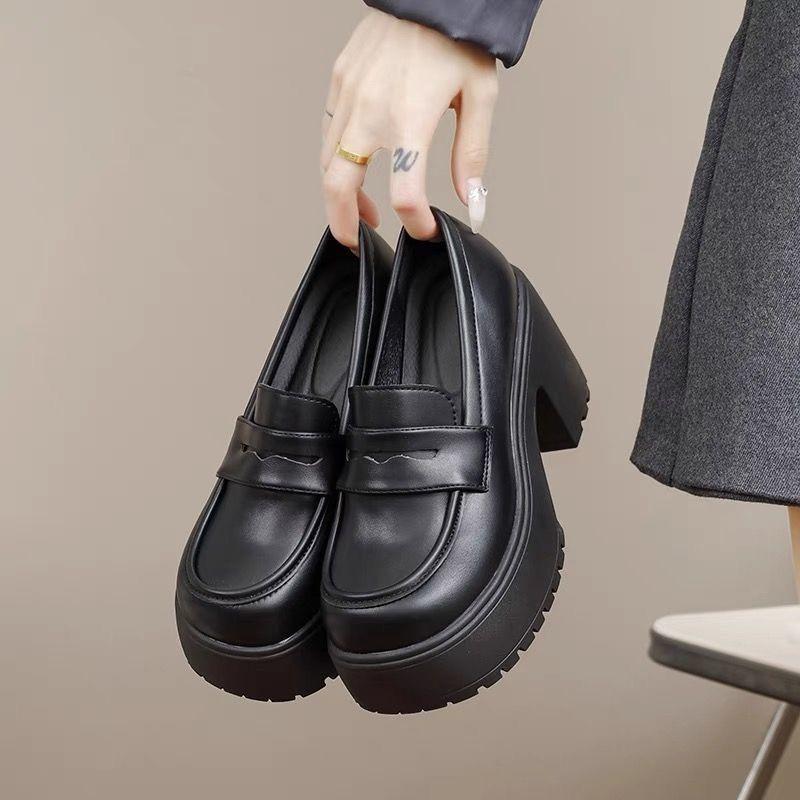 8cm Chunky Heel Platform Loafers Office Work Shoes Black Leather Shoes with Waterproof Sole Korean Thick Heel Casual Shoes