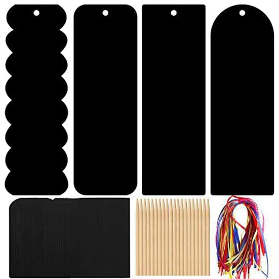 48 Stück Kratz-Lesezeichen mit 48 Bändern 24 Holz-Stylus Lesezeichen mit Aufhängeloch Geschenkanhänger Party-Mitgebsel DIY Regenbogen-Kratzpapier-Kunstset Kinder Schüler B white