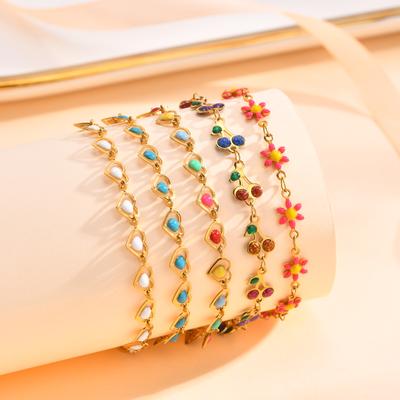 Trendy Bohemia Colourful Drip Glue Beads Chain Bracelet for Women Stainless Steel Beads Bracelet Girl Gift,Heart-shaped Chain