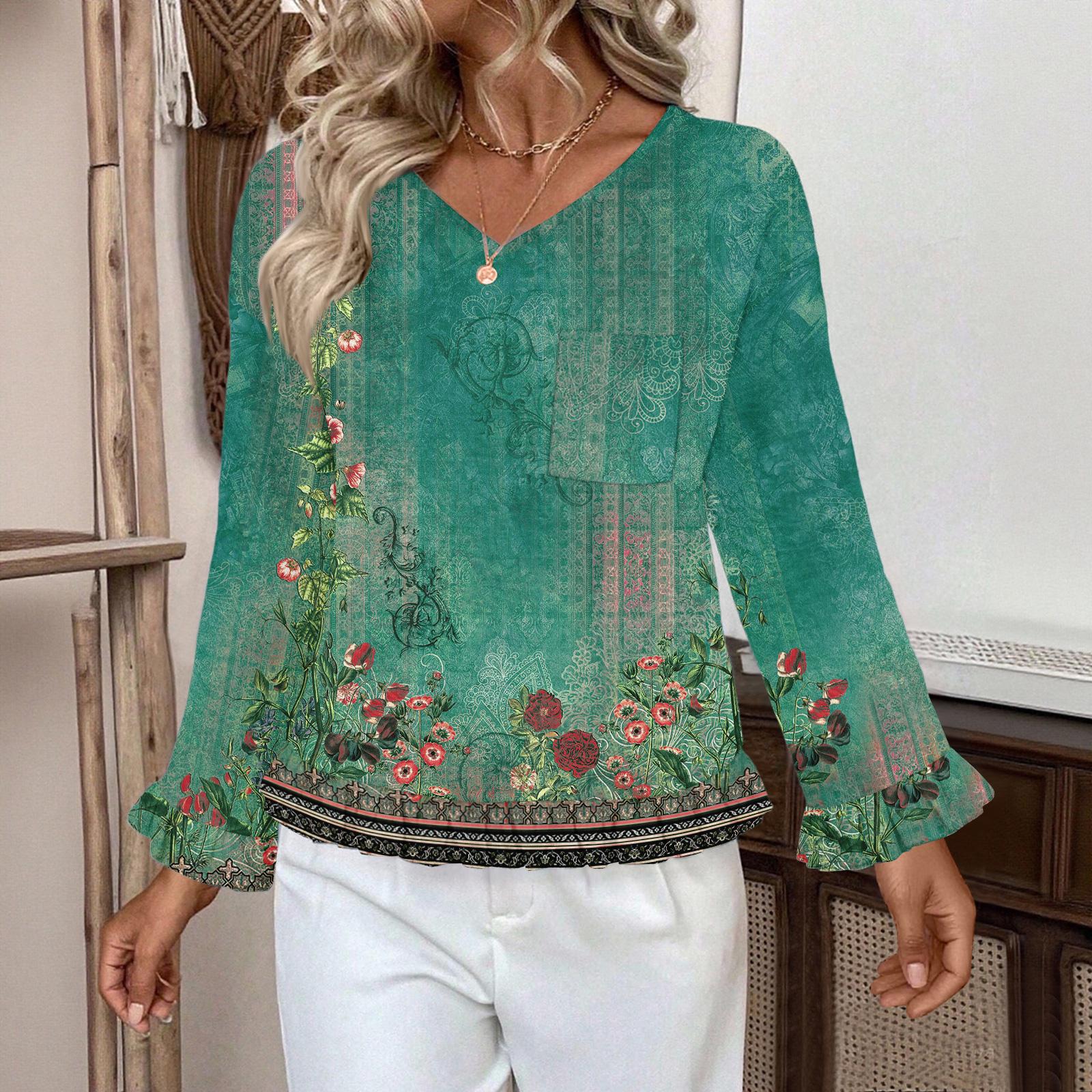 

Женский повседневный модный топ с оборками, V-образным вырезом, принтом и длинными рукавами L