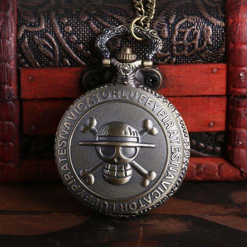 Cartoon Anime Theme Pirates Skull Pattern Quartz Pocket Watch Vintage with Pendant Necklace Men's and Children's Gift