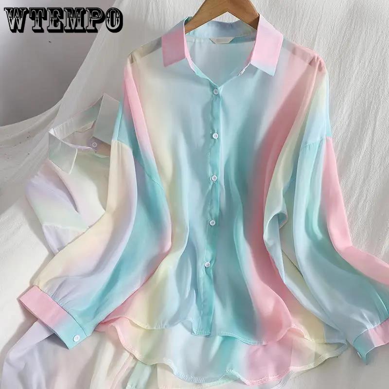 

Шифоновая рубашка с градиентом, переливающаяся рубашка на пуговицах, тонкое пальто средней длины, женские рубашки с защитой от солнца XXL