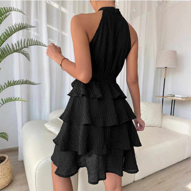 Women Casual Sleeveless Solid Color Bandage Chiffon Tiered Dress
