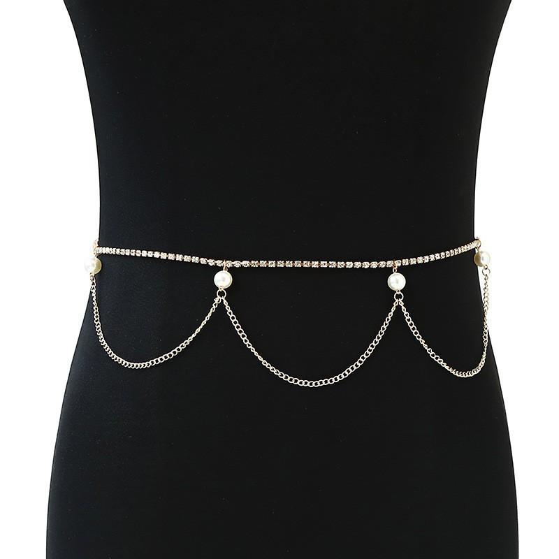 Summer Beach Feminine Charm Diamond Body Chain, Personalized Wave Chain Pearl Waist Chain