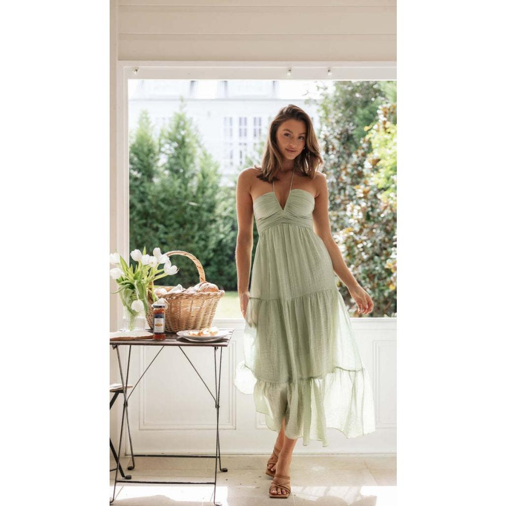 Women's Halter Neck Sleeveless Solid Maxi Dress High Waist Casual Tiered Dress
