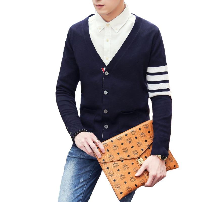 B new cardigan wish men's four-bar knitted sweater plus size sweater men's