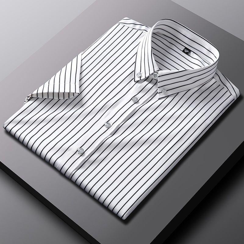 Letní pánská žlutá pruhovaná strečová košile s krátkým rukávem pro mladé štíhlé podnikatele, stylová košile na knoflíčky