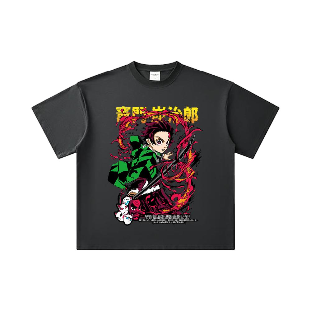 260 GSM Double Yarn 32 Count 100% Cotton Demon Slayer V19 Tanjiro Print Unisex Heavy Cotton T Shirt