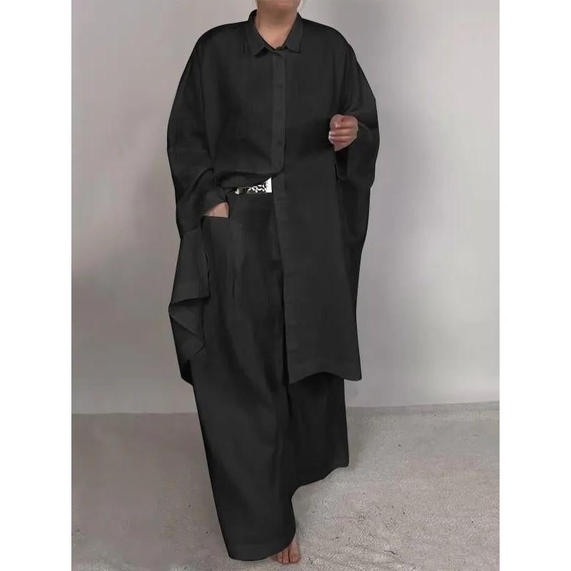 

Women s set casual loose solid color shirt set wide leg pants two piece set 4XL