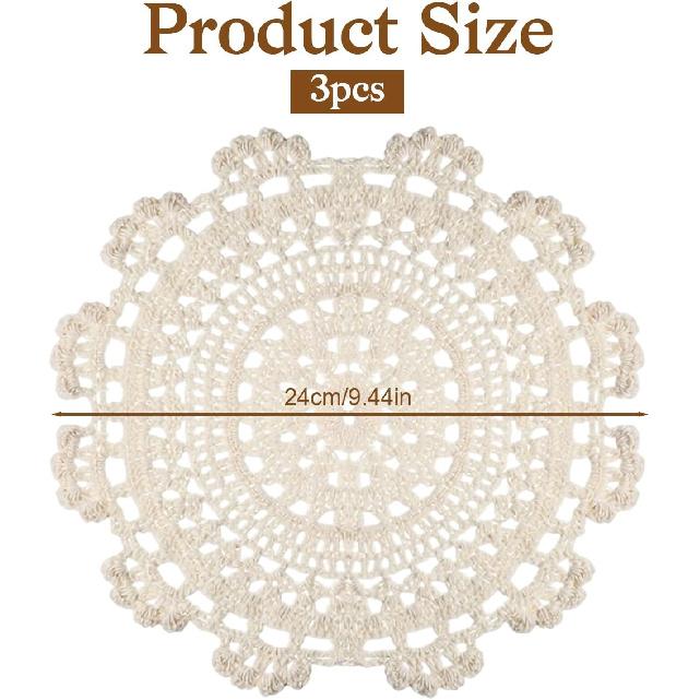3 Pcs Handmade Crochet Lace Doilies, 9.44 Inch Round Dollies for Tables Vintage Elegant Crochet Lace Doily Exquisite Lacy Placemats for Kitchen