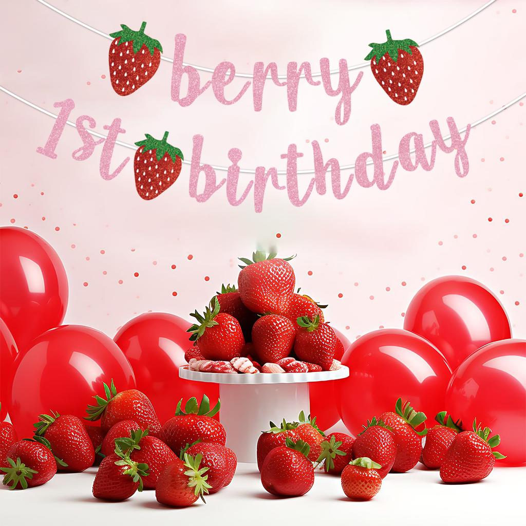 Erdbeer Happy Birthday Papierbanner Erdbeer-Thema Geburtstagsparty Dekoration Kinder Mädchen Happy Birthday Party Zubehör