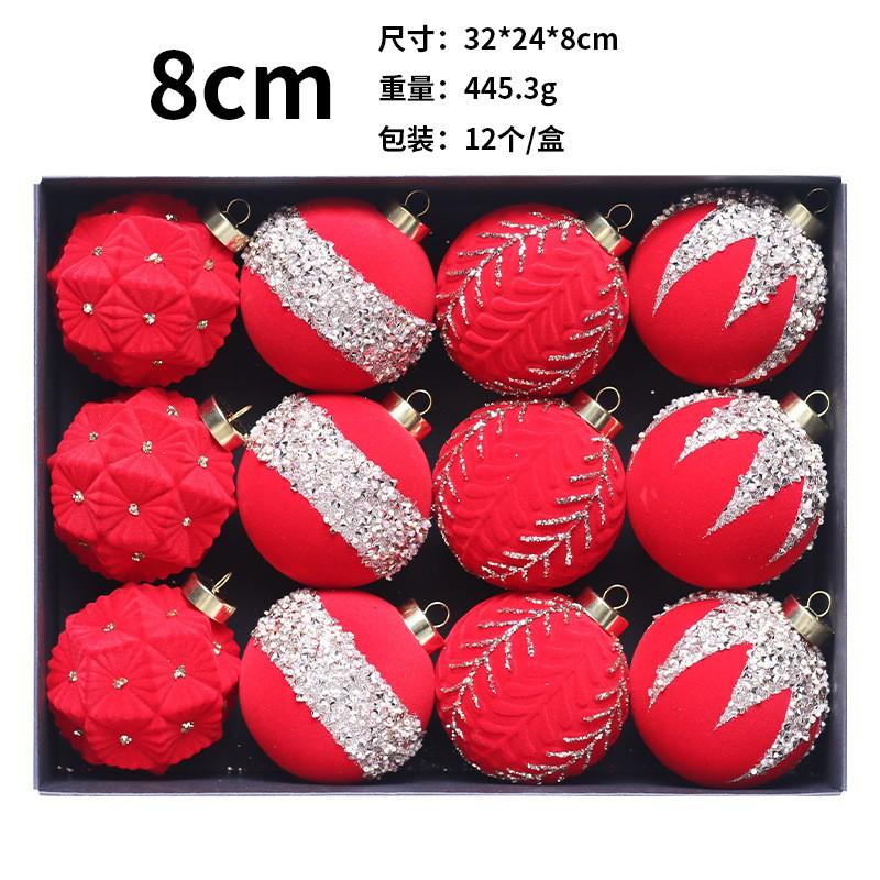 Flocked Christmas Balls Set 12pcs 8cm Hand Painted Ornaments Holiday Decor