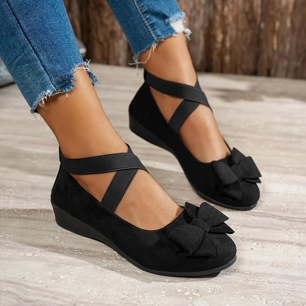 Bow-Crossed Elastic Strap Vintage Fashion Flats 2025 New Pointed-Toe Low-Cut Solid-Color Mary Janes