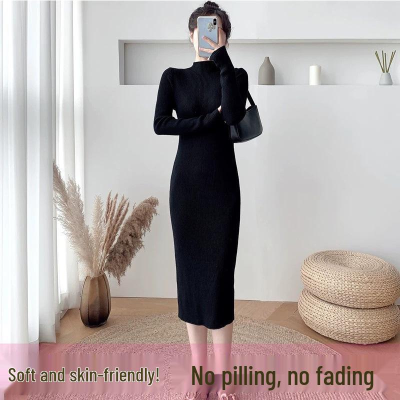 2024 Autumn/Winter Mid-Length Wool Coat with Semi-High Collar Knitted Dress - Women's Black Base Layer