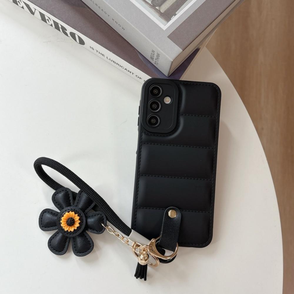 Ins Sunflower Down Jacket Lanyard Case for Samsung Galaxy S25 S24 Ultra S23 S22 Plus A55 A56 A16 A54 A35 A15 Wrist Strap Cover