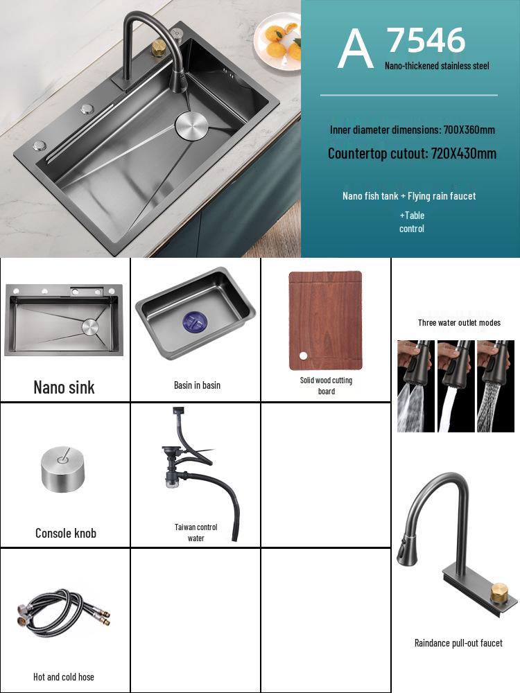 Gunmetal Gray Nano Handmade Large Single Bowl Kitchen Sink with Stainless Steel Rain Shower Faucet