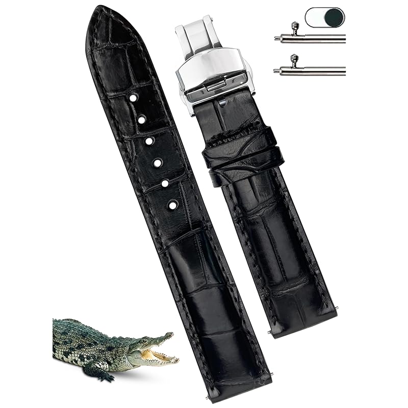 

[vinacreations] 22mm black crocodile watch strap D buckle men s Crocodile Replacement Watch Band Quick Release Spring Bar wrist silver With D buckle