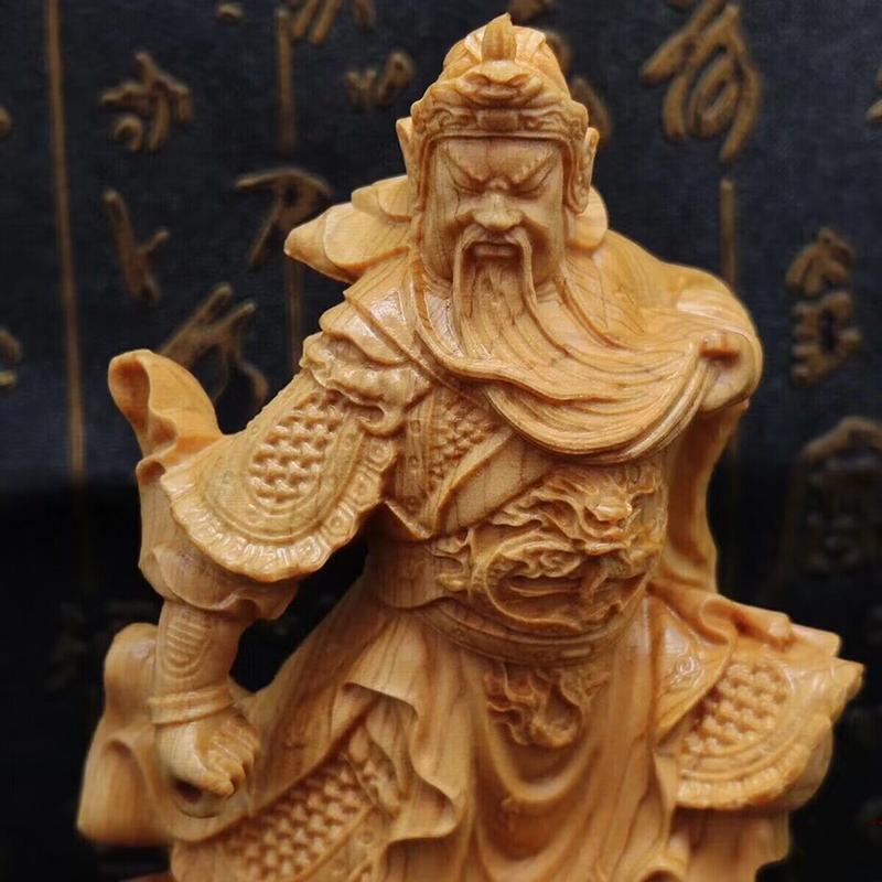Natural Cypress  Guan Gong sculptures figurines Solid wood carving Home Room OfficeWealth Luck Feng Shui Decor Portrait Statue