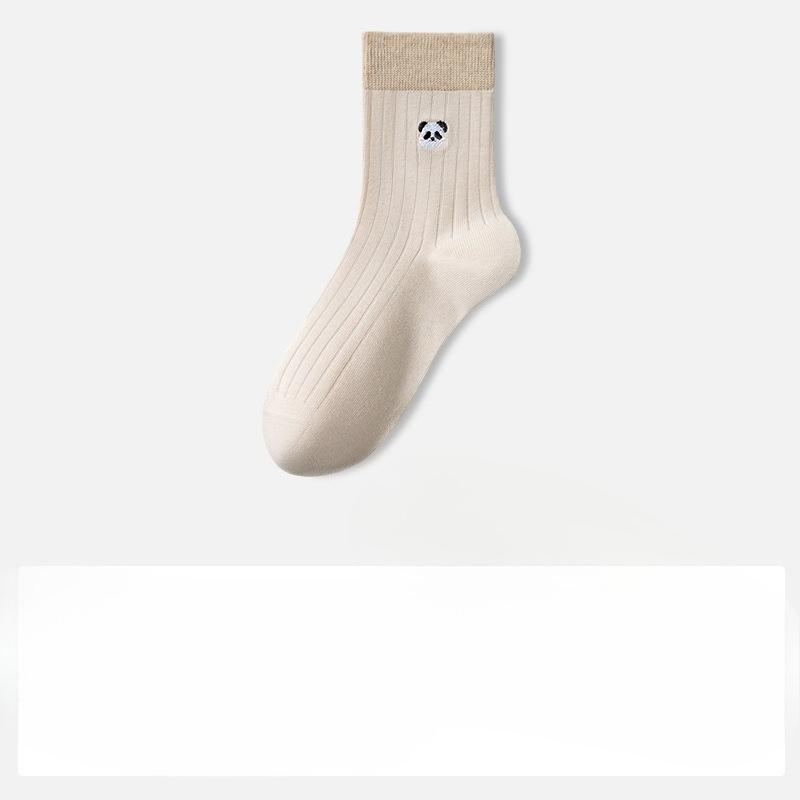 Sock Pure Cotton Mid-Calf Socks Anti-Bacterial Anti-Turning Balls Cute Embroidered Panda Autumn-Winter