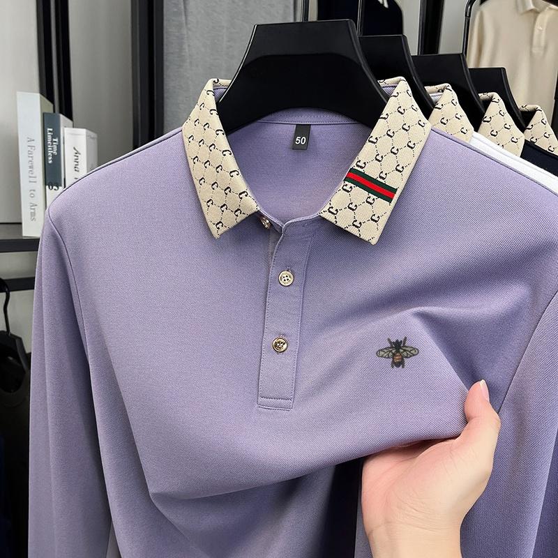 Wovey Heren Poloshirt Kraag Wol Lange Mouwen T-shirt Herfst Collectie Bijenprint Ademend Mode Zakelijk Herenkleding 4XL paars