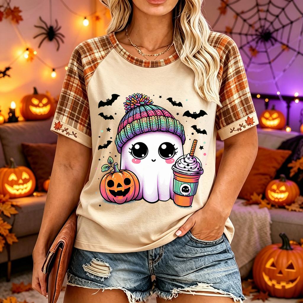 Tricou casual pentru femei, mărimi mari, cu mânecă scurtă, gât rotund, cu imprimeu de Halloween