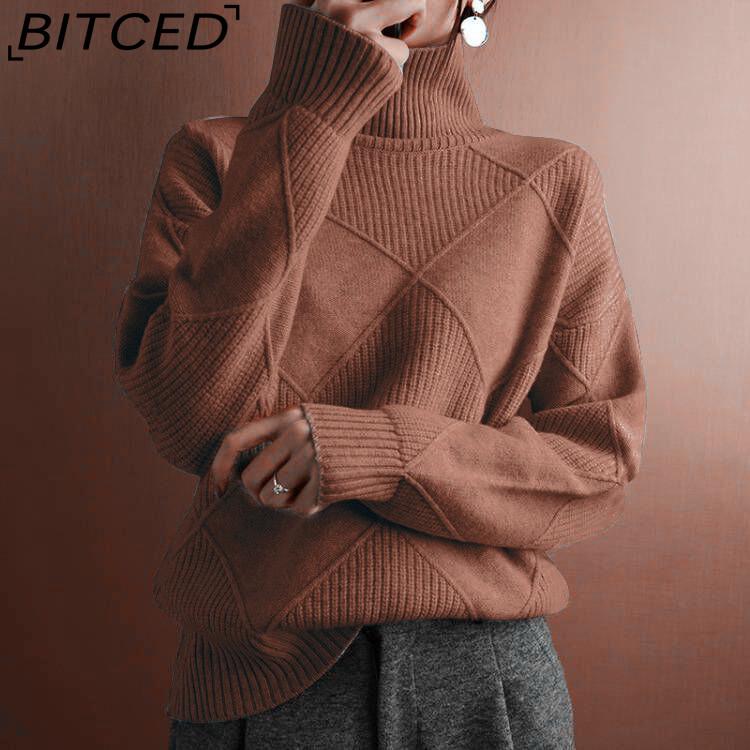 BITCED Свободный вязаный свитер с круглым вырезом для рабочей одежды Однотонный с высоким воротником Ромбовидный узор Модный свитер для женщин XXXXXL коричневый