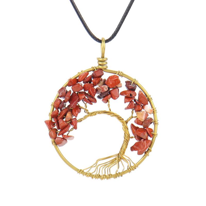 Hand-Wound Natural Gravel Crystal Pure Copper Curved Tree Of Life Pendant Necklace N43