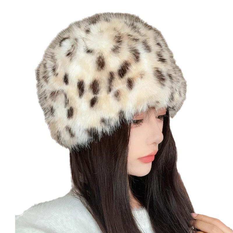 New Plush Leopard Print Fisherman Hat for Women in Winter Cold Protection  Ear Protection Bucket and Basin Hat Face Friendly  Versatile Hat Trendy