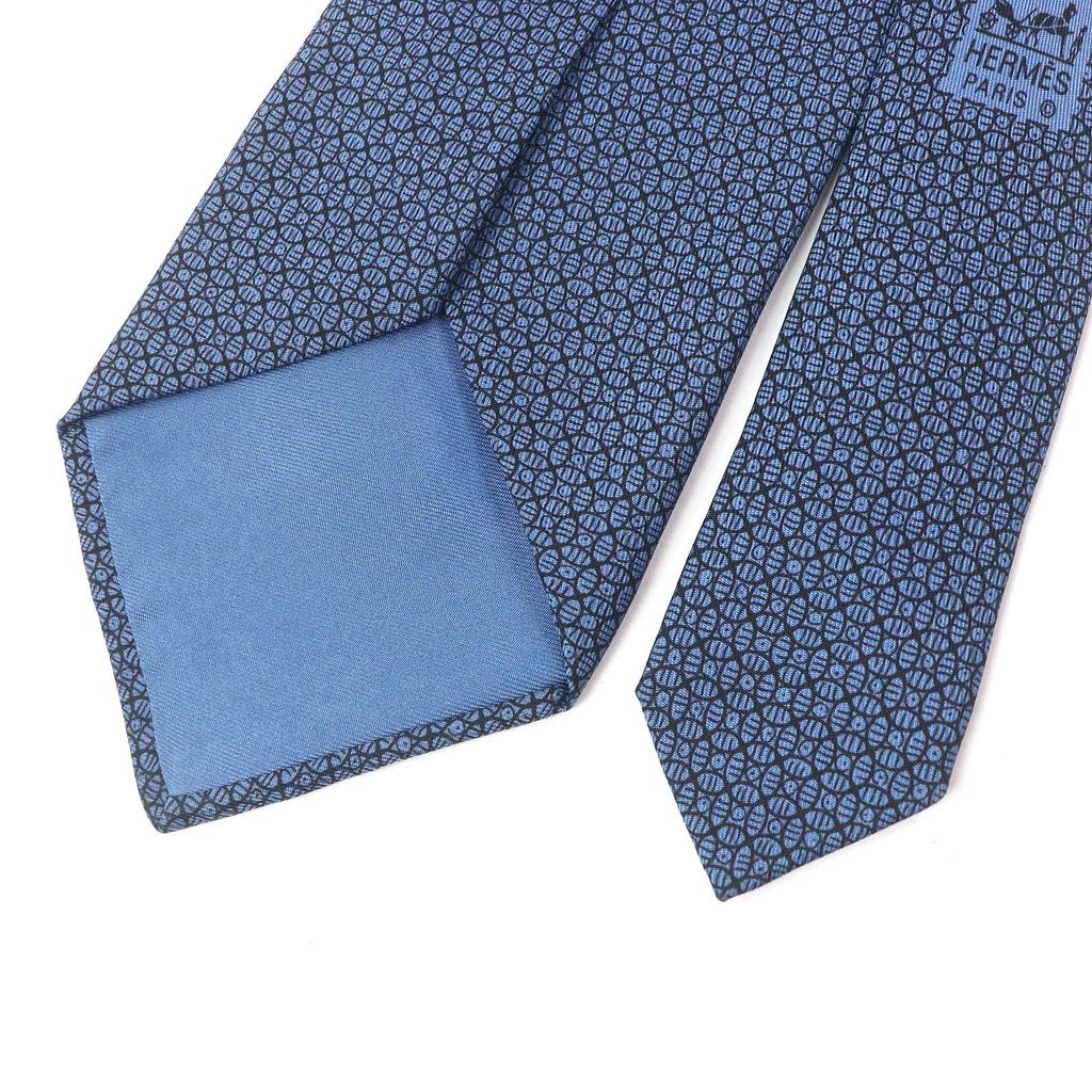 Excellent HERMES Tie Geometric All-over Wide Tie Blue Silk Mens 7695 OA Used