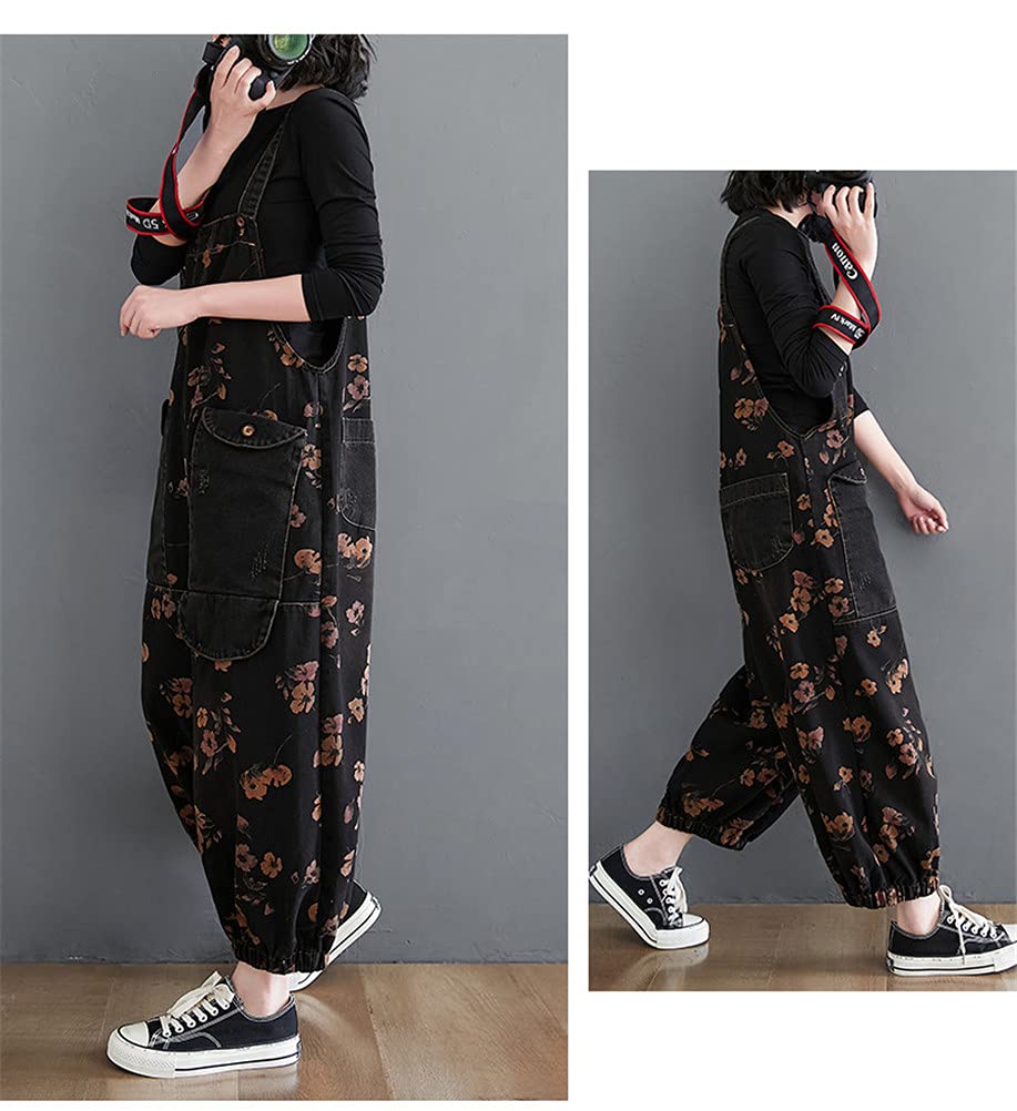 Mouhoukyo Denim Loose Floral Print Jeans Fits All Spring and Sizes Women's Overalls, Casual, Fit, Overalls, Autumn, M-2XL (Color shown, M)