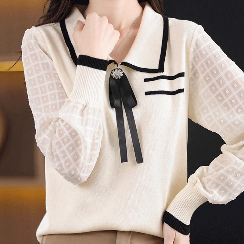 

Женские свитера, пуловеры 2025 Осень-Зима Длинный рукав Отложной воротник Черный вязаный свитер Женские топы Пуловер JJ178 One Size абрикосовый