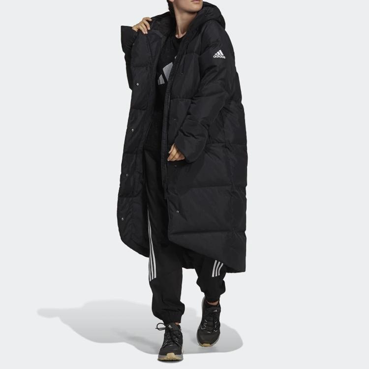 Adidas Womens Big Baffle Down Coat With Zipper And Hood Mid-Length Women Coats Black GT6539